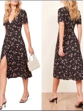 Reformation Black Pink Floral V-Neck Midi Dress with Slit and Tie Back